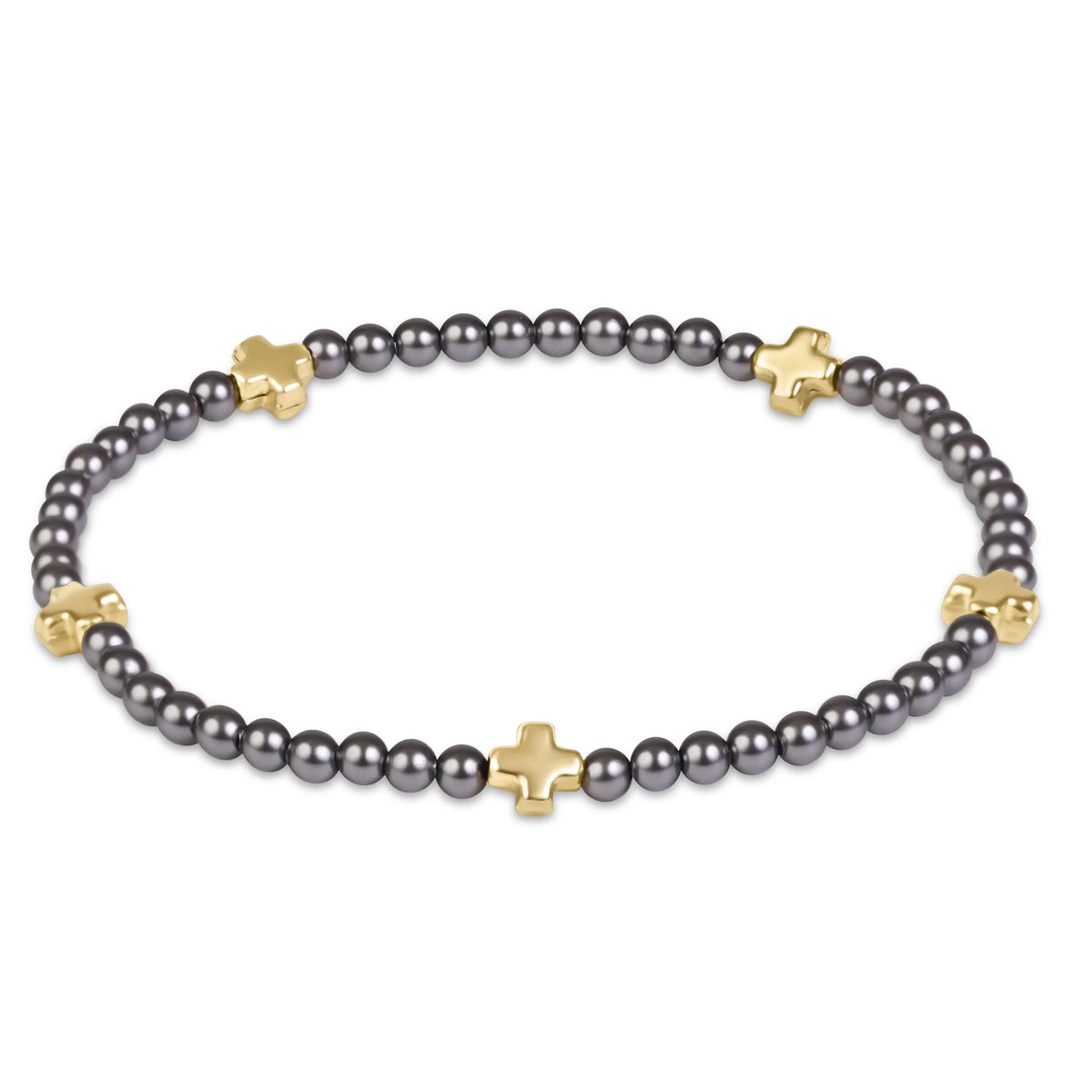 Signature Cross Small 3mm Pearl Dark Grey Bracelet - Gold Cross