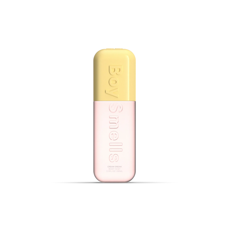 Small bottle with a yellow cap and pink body on a white background