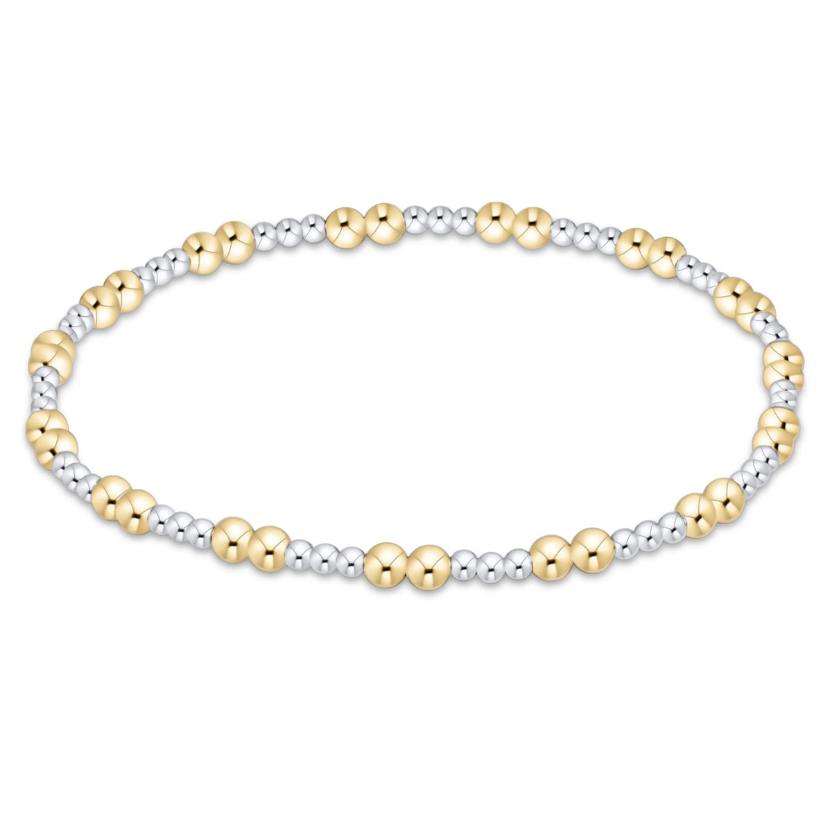 A two-tone beaded stretch bracelet featuring polished yellow gold and silver-toned metallic beads, displayed against a solid white background.

