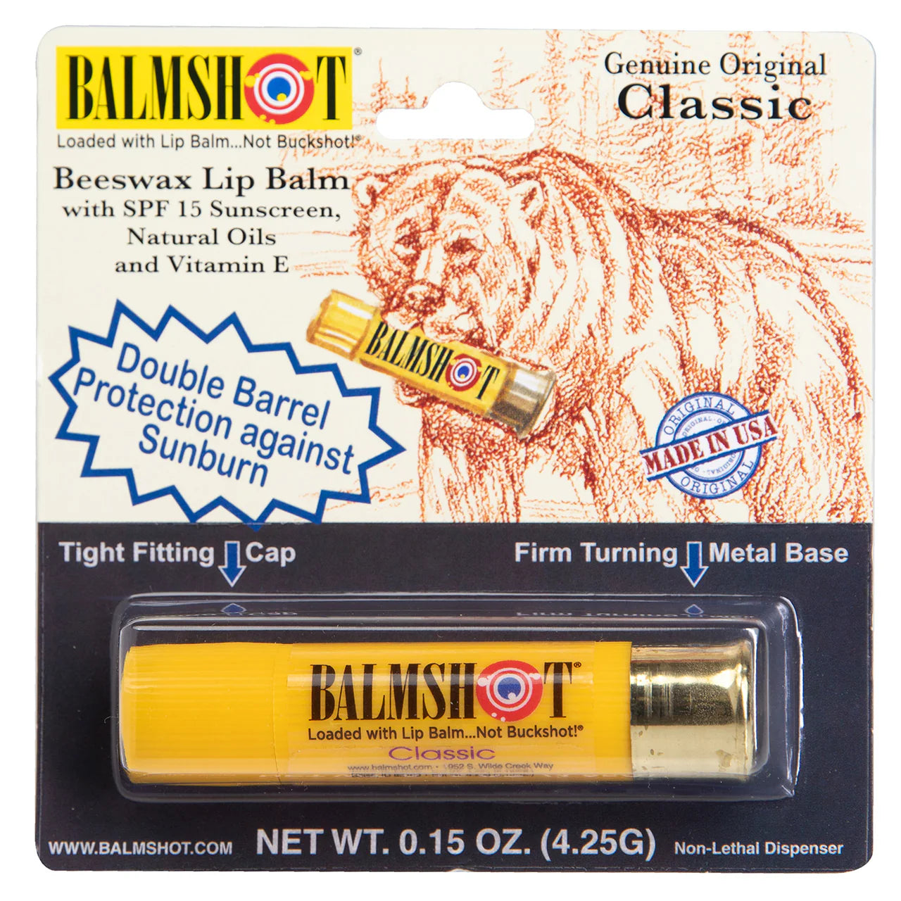 Balmshot lip balm packaging with bear illustration and product details