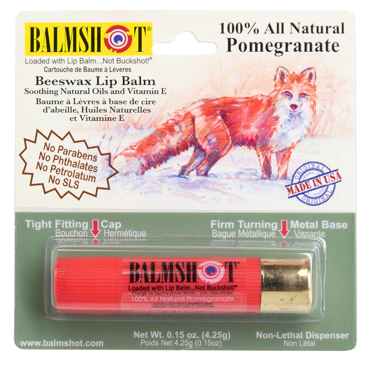Balmshot lip balm packaging with a fox illustration on a white background
