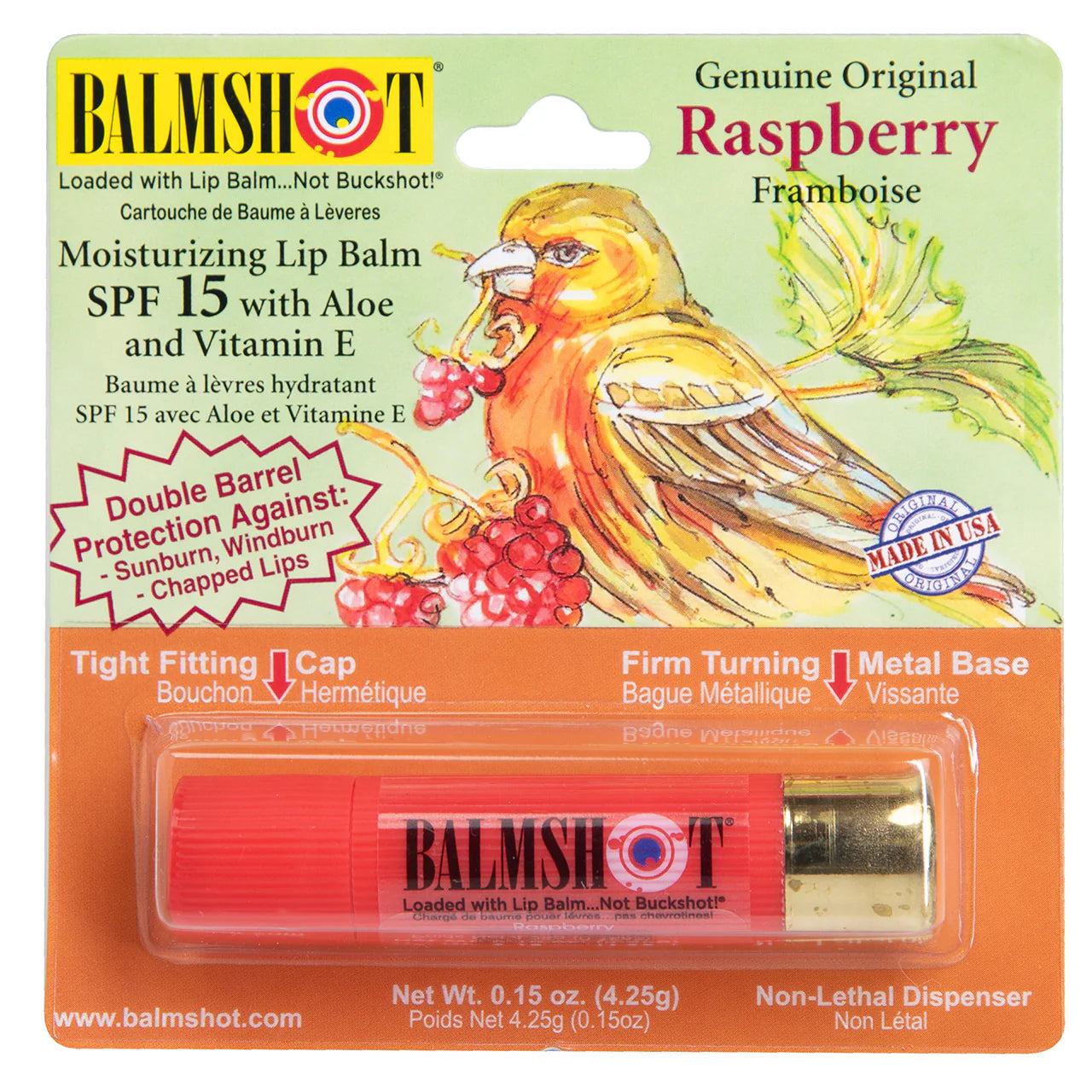 Balmshot raspberry lip balm packaging with a bird illustration on a green background