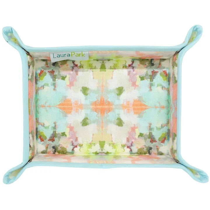 Rectangular tray with floral pattern and blue border, branded 'Laura Park'.