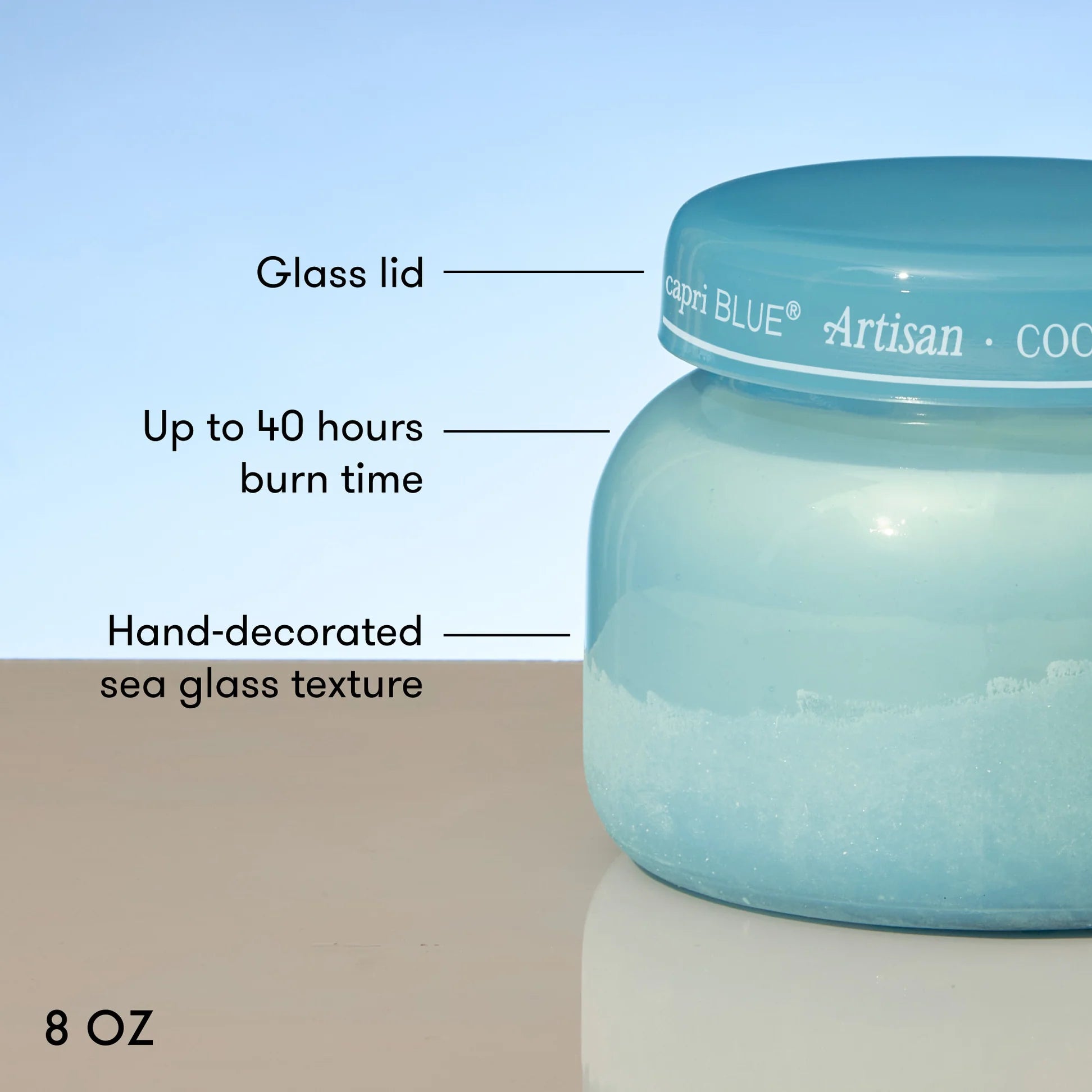 Blue glass jar with a lid, labeled with features like 'Glass lid', 'Up to 40 hours burn time', 'Hand-decorated sea glass texture', and '8 OZ'.