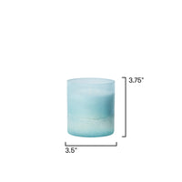 Gradient blue candle with measurements on a white background