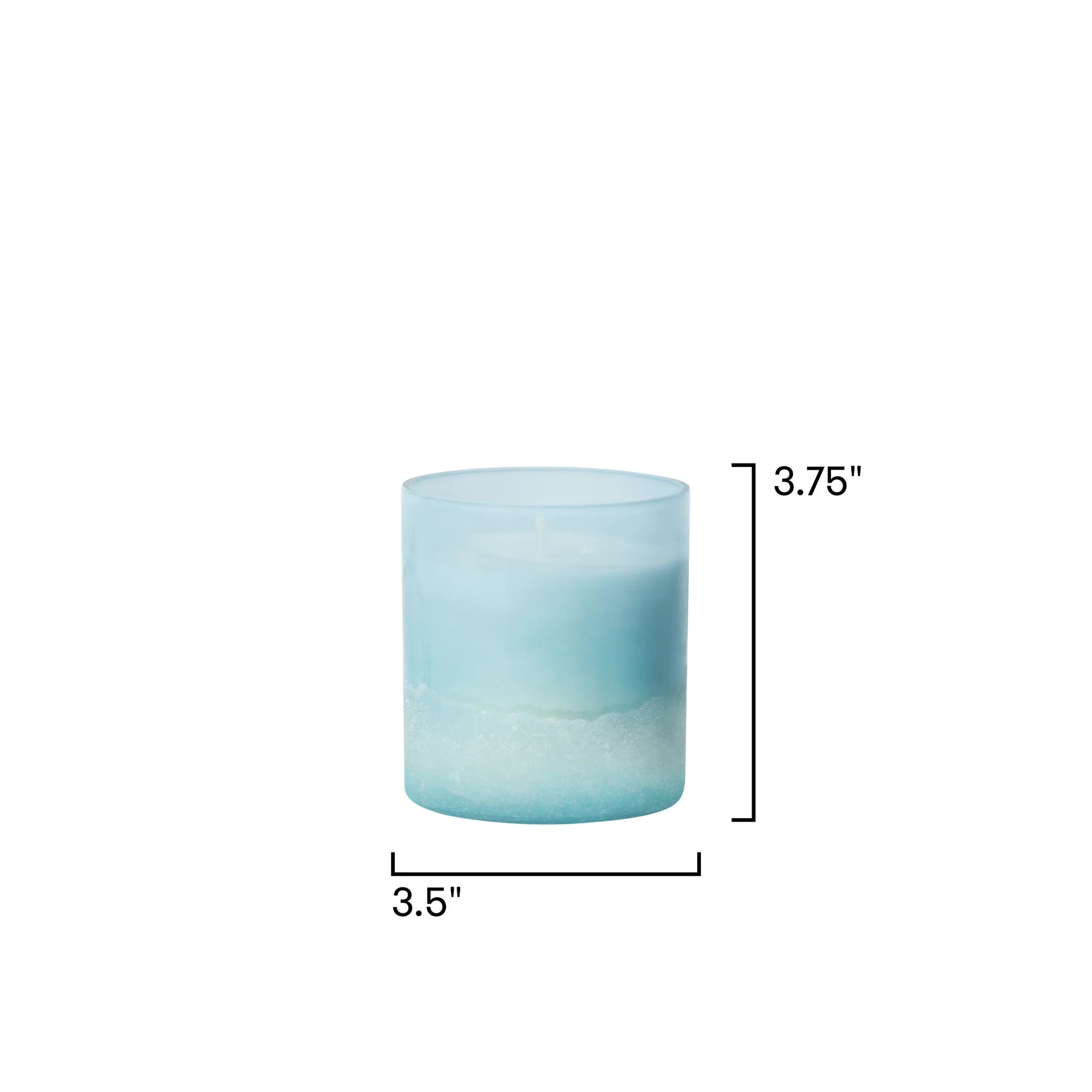 Gradient blue candle with measurements on a white background