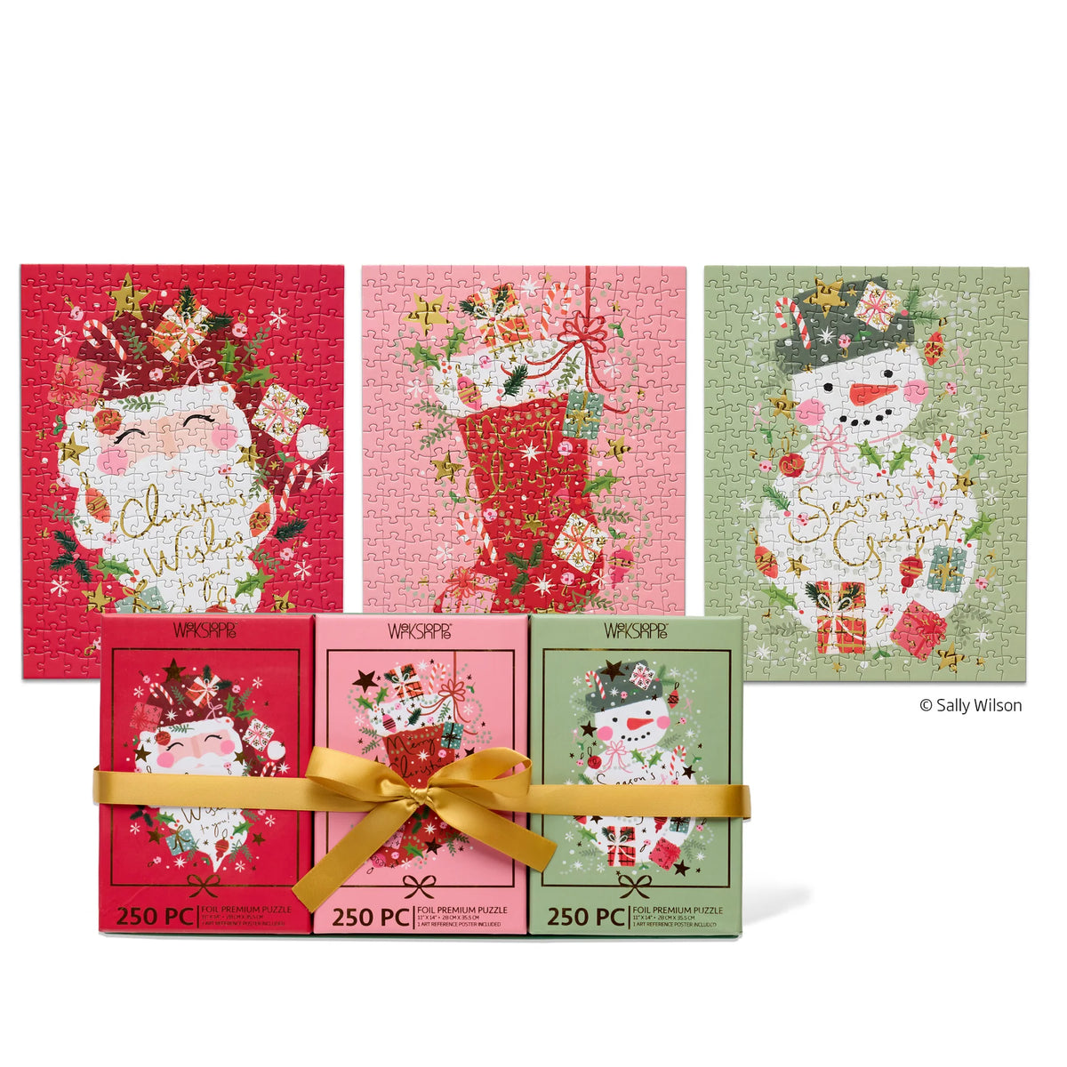 Set of Christmas-themed puzzles with festive designs on colorful boxes.