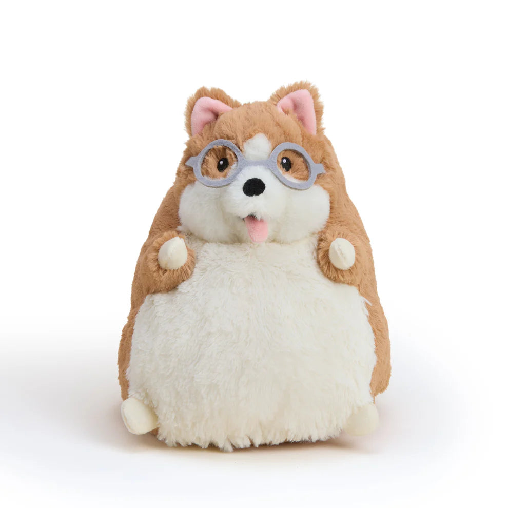 Plush toy resembling a dog with glasses on a white background