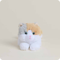 Plush toy cat with a white chest and brown ears on a beige background