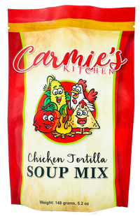 A stand-up pouch of Carmie's Kitchen Chicken Tortilla Soup Mix on a plain white background. The packaging features a red border, a cream center, cartoon illustrations of a chicken, tomato, corn, and cheese, and black text reading 'Chicken Tortilla SOUP MIX'.