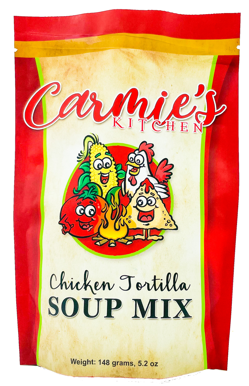 A stand-up pouch of Carmie's Kitchen Chicken Tortilla Soup Mix on a plain white background. The packaging features a red border, a cream center, cartoon illustrations of a chicken, tomato, corn, and cheese, and black text reading 'Chicken Tortilla SOUP MIX'.