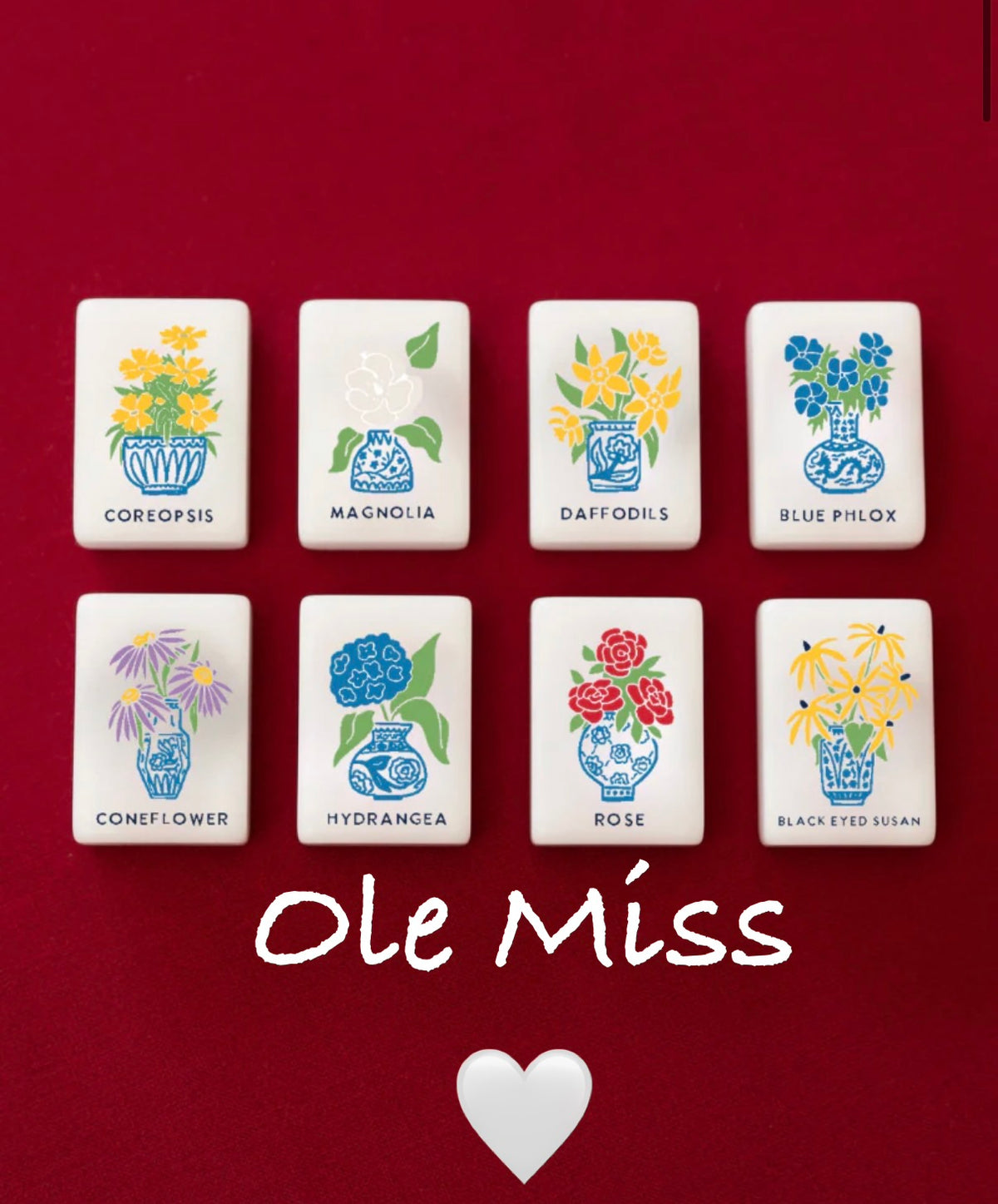 Set of tiles with floral designs and text on a red background, featuring 'Ole Miss' branding.