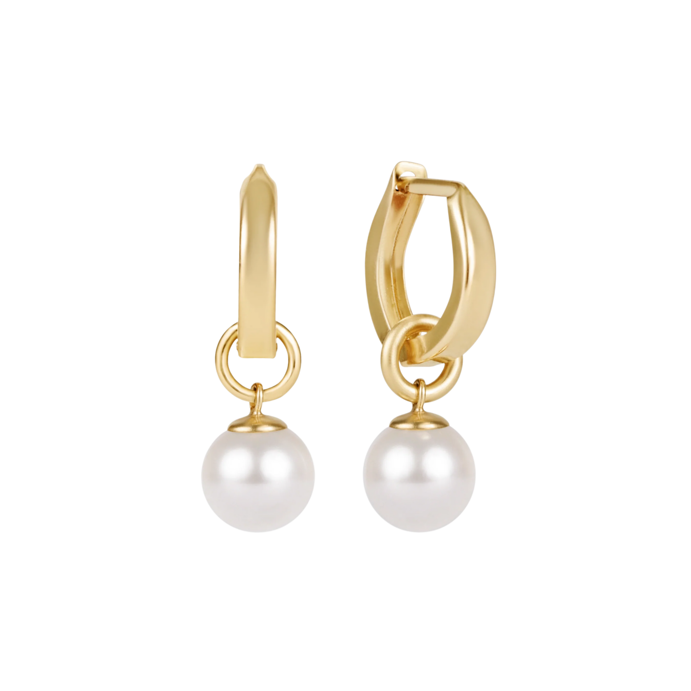 Gold hoop earrings with pearl drops on a white background
