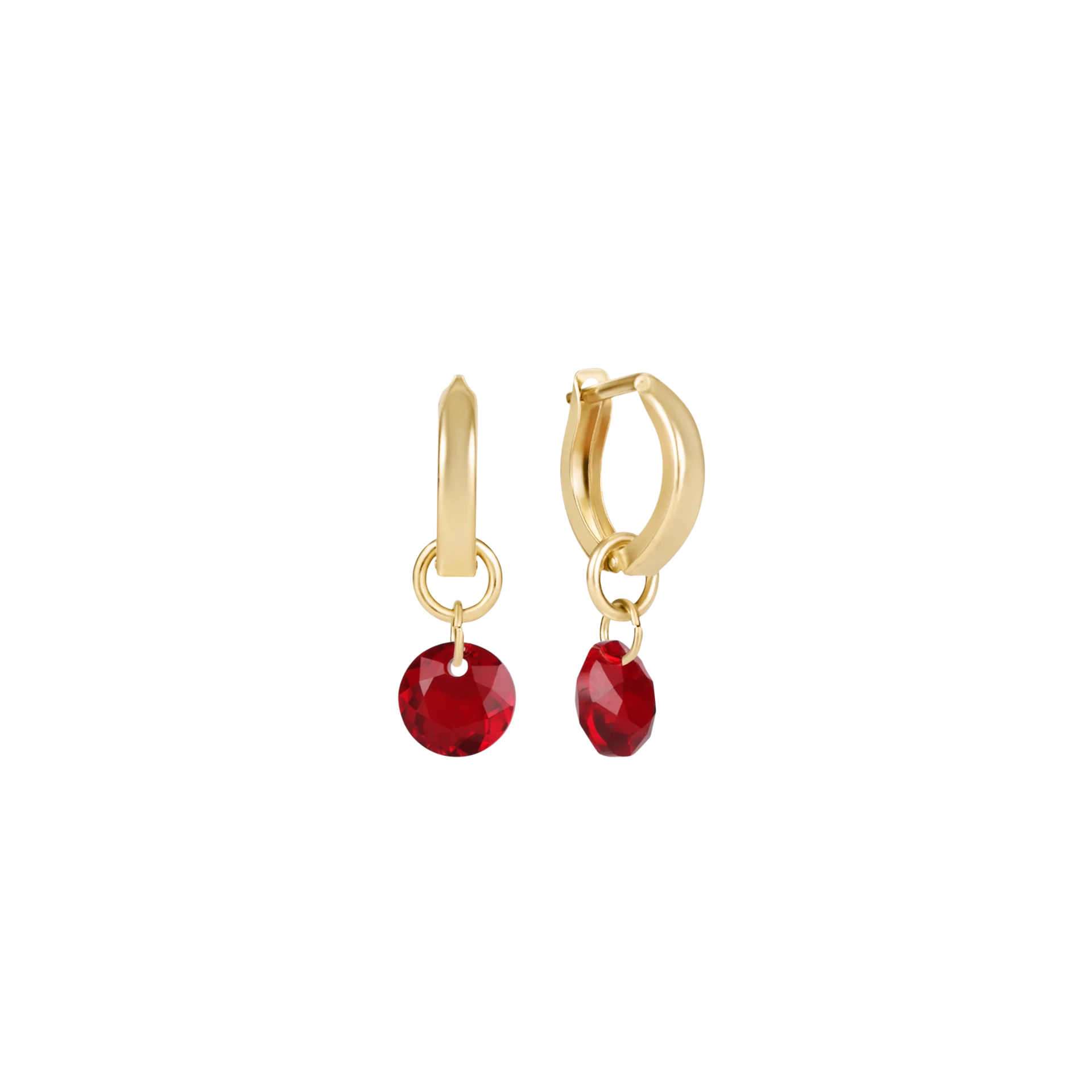 Gold hoop earrings with red gemstone