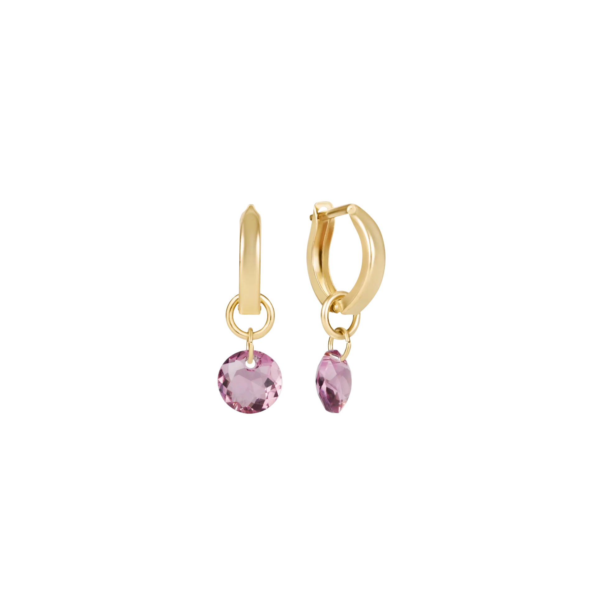 Gold hoop earring with pink gemstone