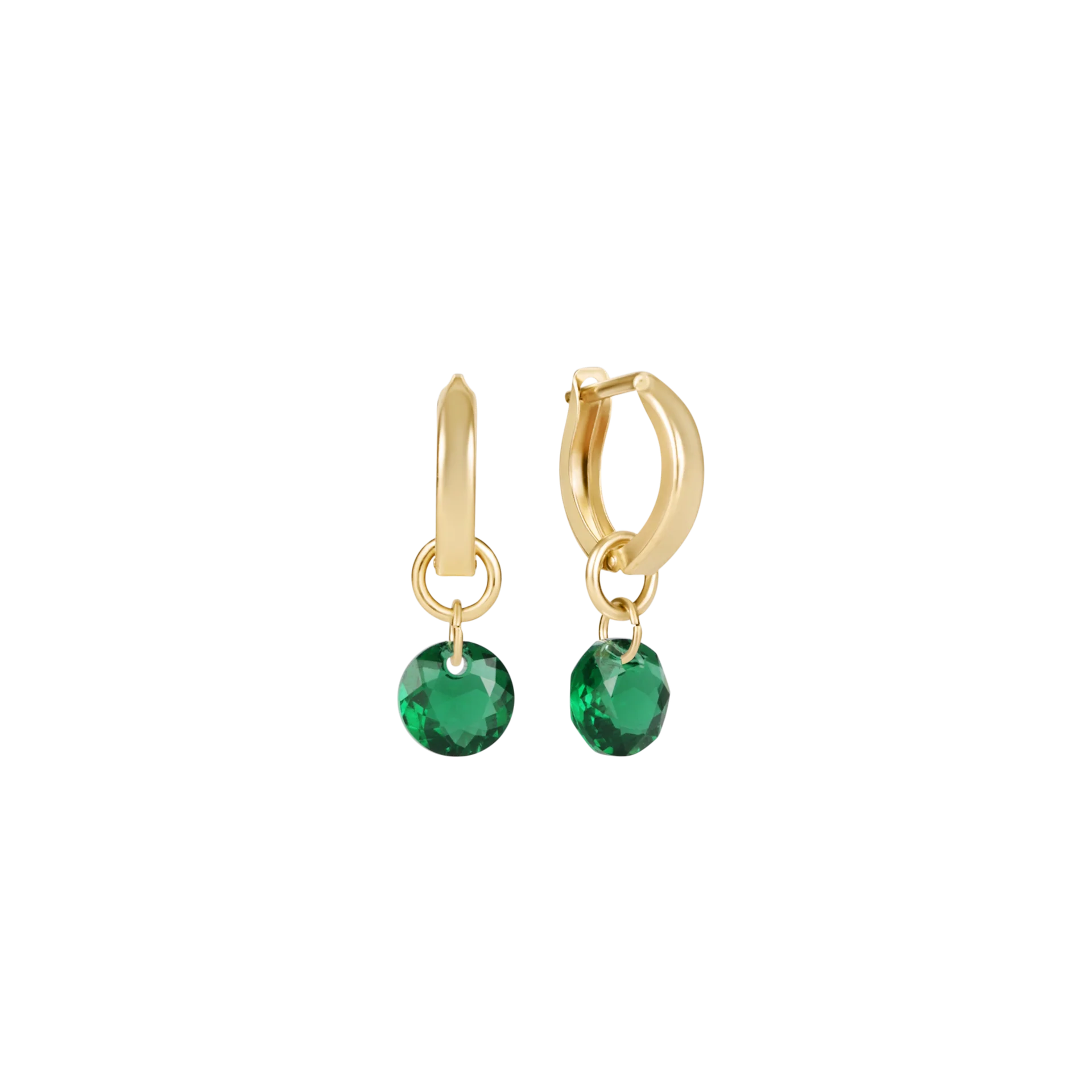 Gold hoop earrings with green charm