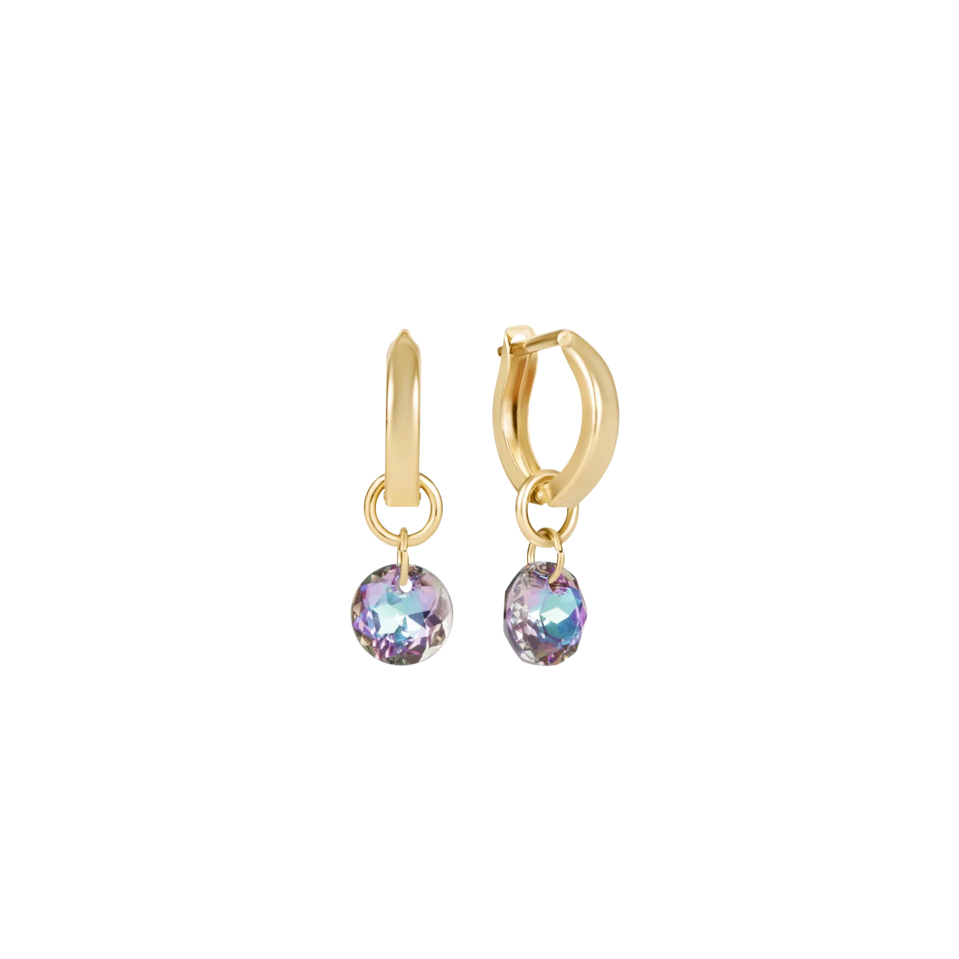 Gold hoop earrings with colorful gemstones on a white background