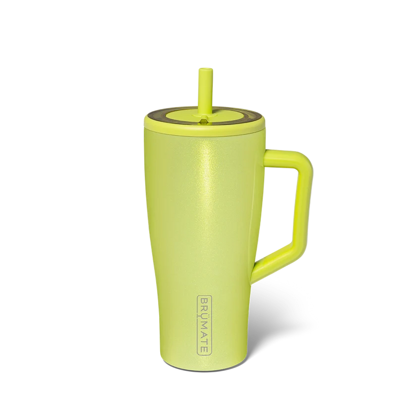 A lime green insulated travel tumbler with a matching handle, lid, and straw, featuring the BRYMATE brand logo printed vertically on the front, set against a plain white background.