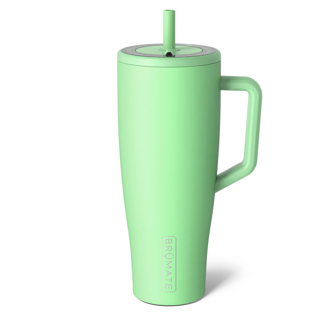 A mint green insulated travel tumbler with a matching handle, lid, and straw, featuring the vertical BUNNATE logo near the base, set against a plain white background.