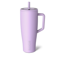 Purple insulated mug with handle and straw lid on a white background
