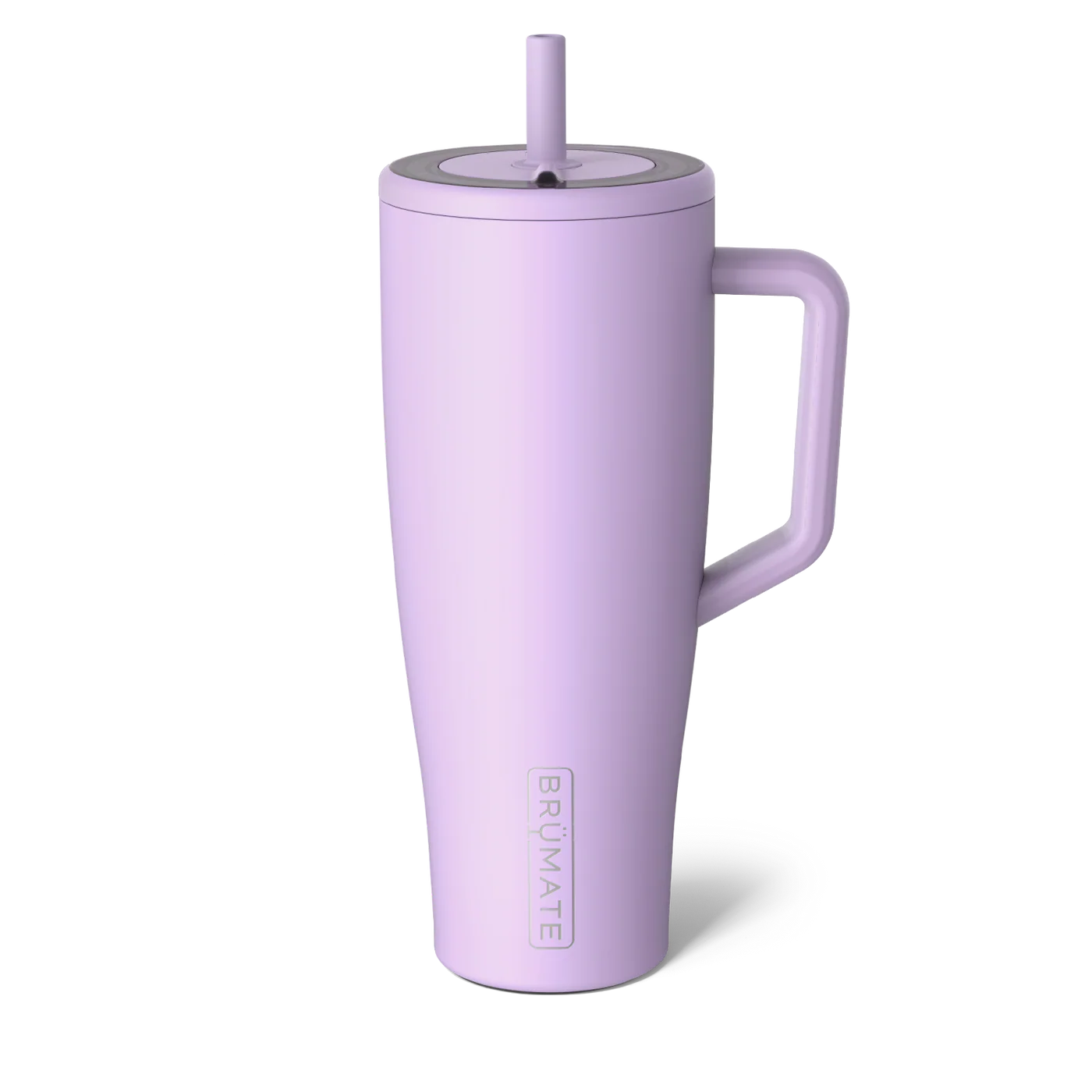 Purple insulated mug with handle and straw lid on a white background