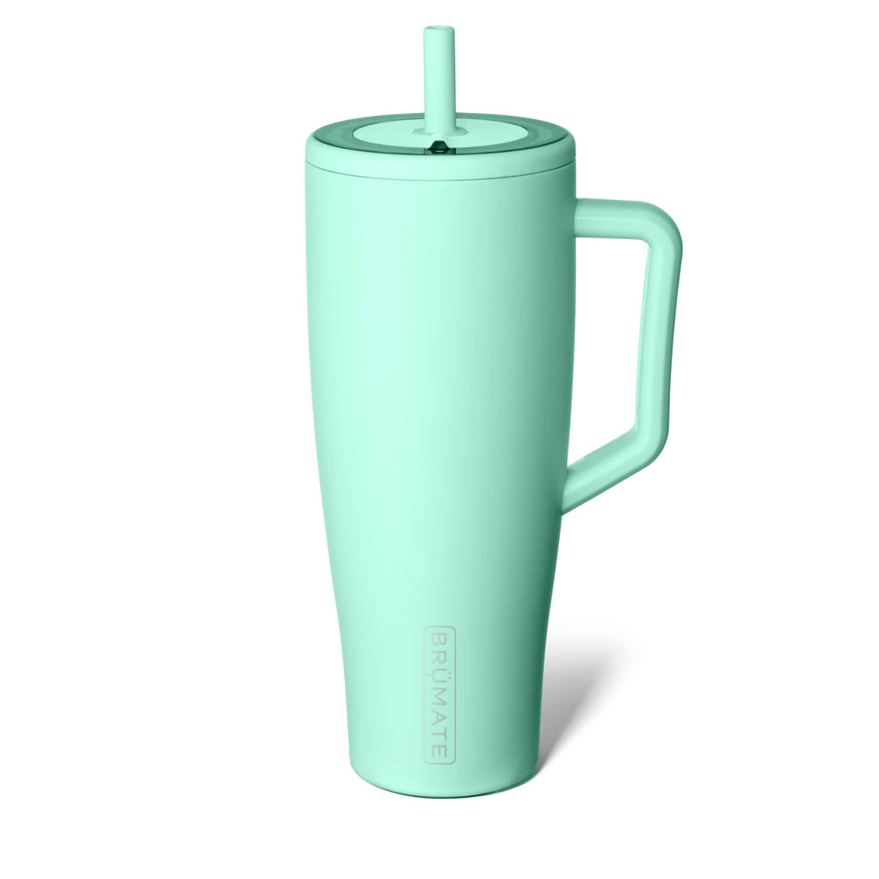 Mint green tumbler with a straw on a white background