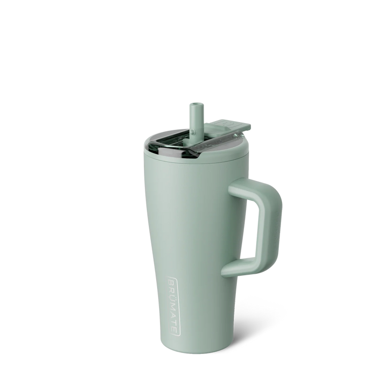 A mint green insulated travel tumbler with a handle, a matching lid, and a straw, shown on a clean white background. The brand name 'BRUNATE' is printed vertically on the lower front.