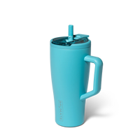 Turquoise tumbler with handle and straw lid on a white background