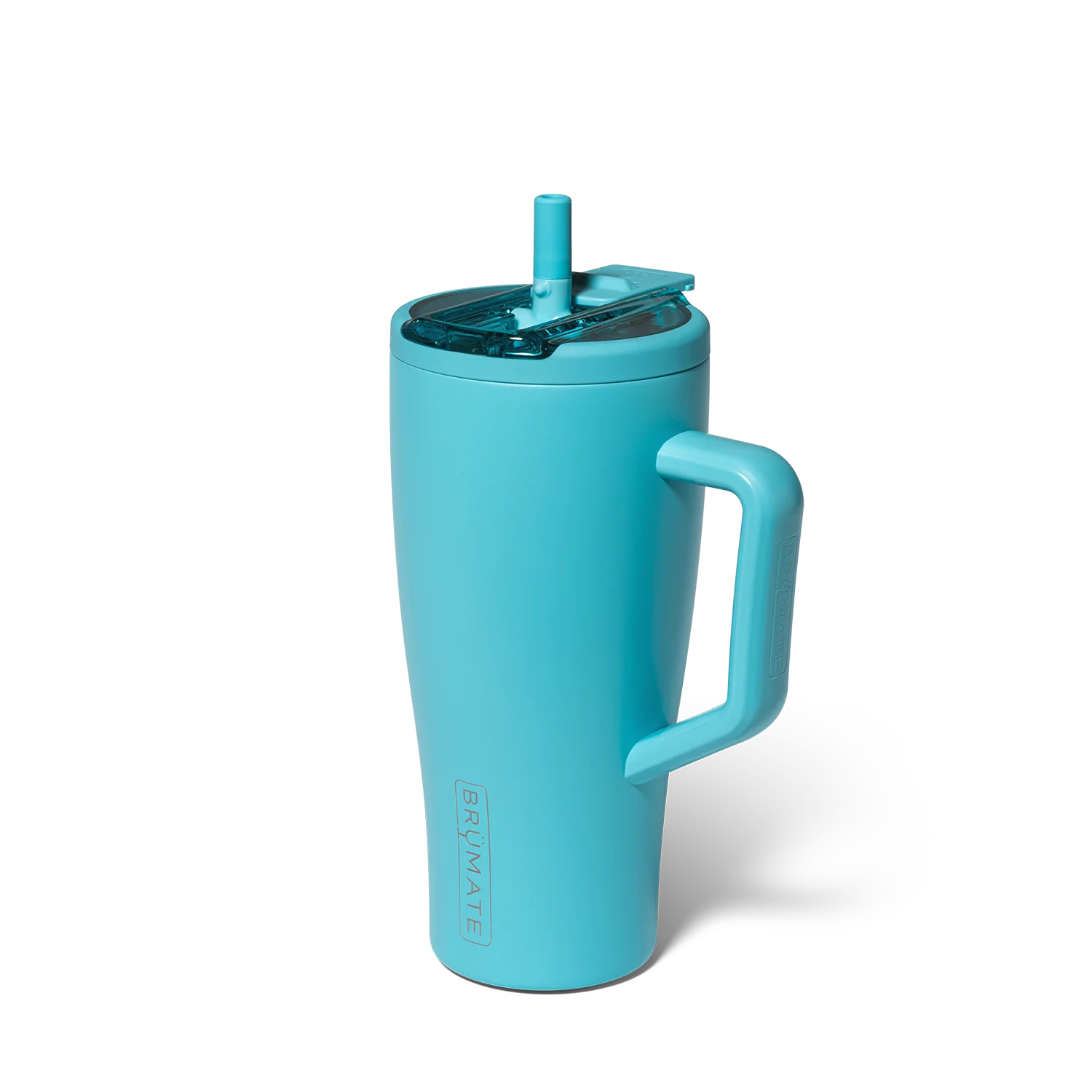 Turquoise tumbler with handle and straw lid on a white background