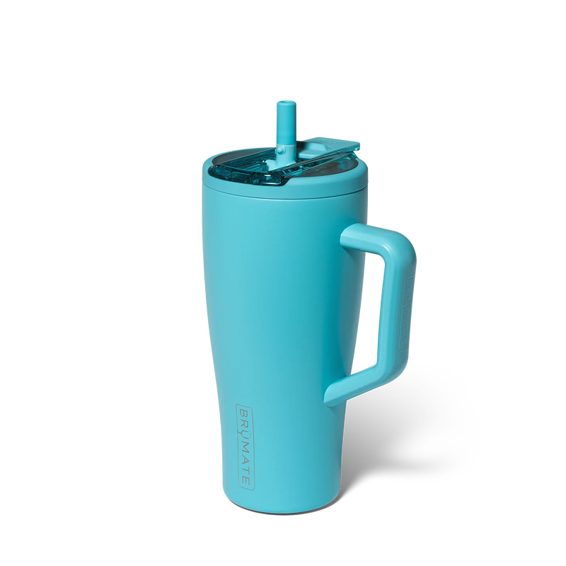 Turquoise tumbler with handle and straw lid on a white background