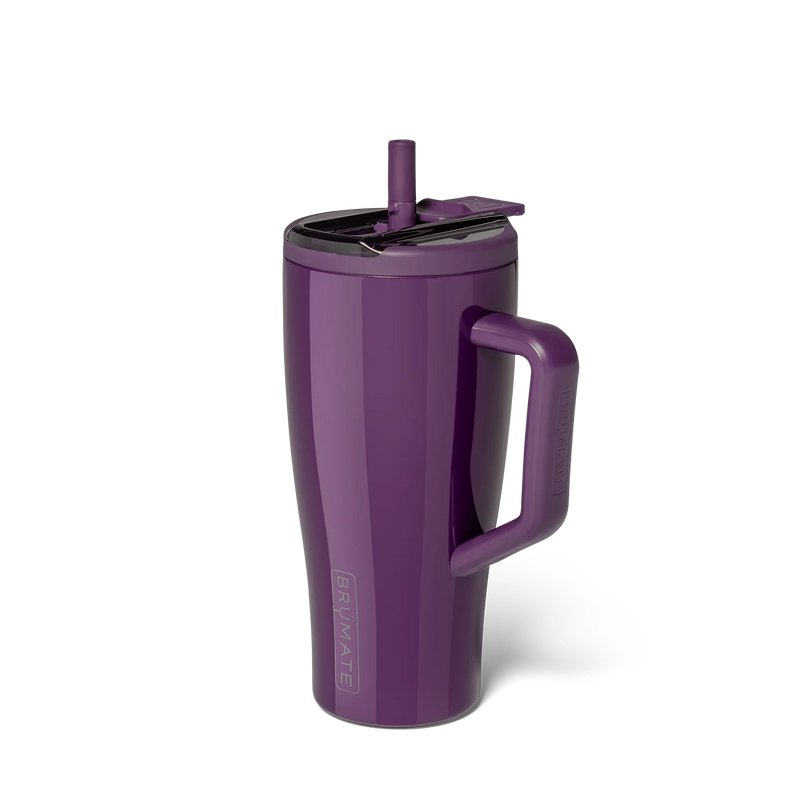 A purple insulated travel tumbler with a handle, lid, and straw, shown on a clean white background. The brand name 'BRUMATE' is vertically printed on the lower left side of the cup.