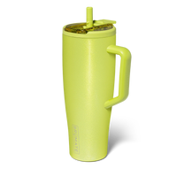 Green insulated tumbler with handle and straw lid on a white background