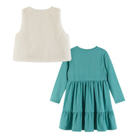 Kids Teal Rainbow Jersey Dress with Faux Vest Set