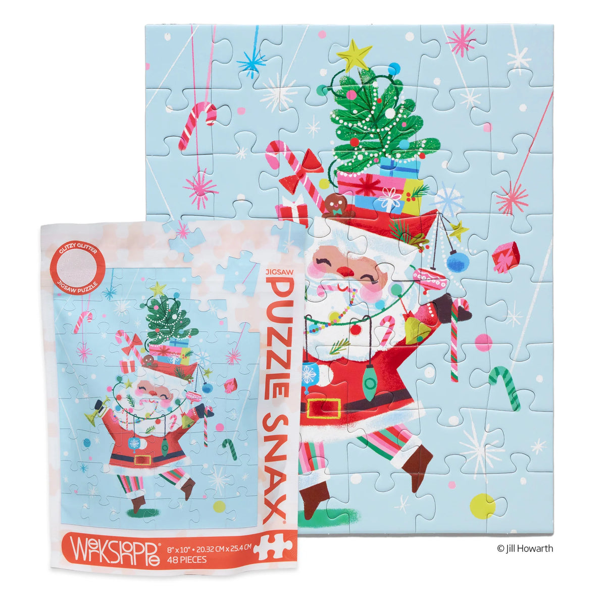 Christmas-themed puzzle with Santa Claus and tree design, featuring a colorful box.
