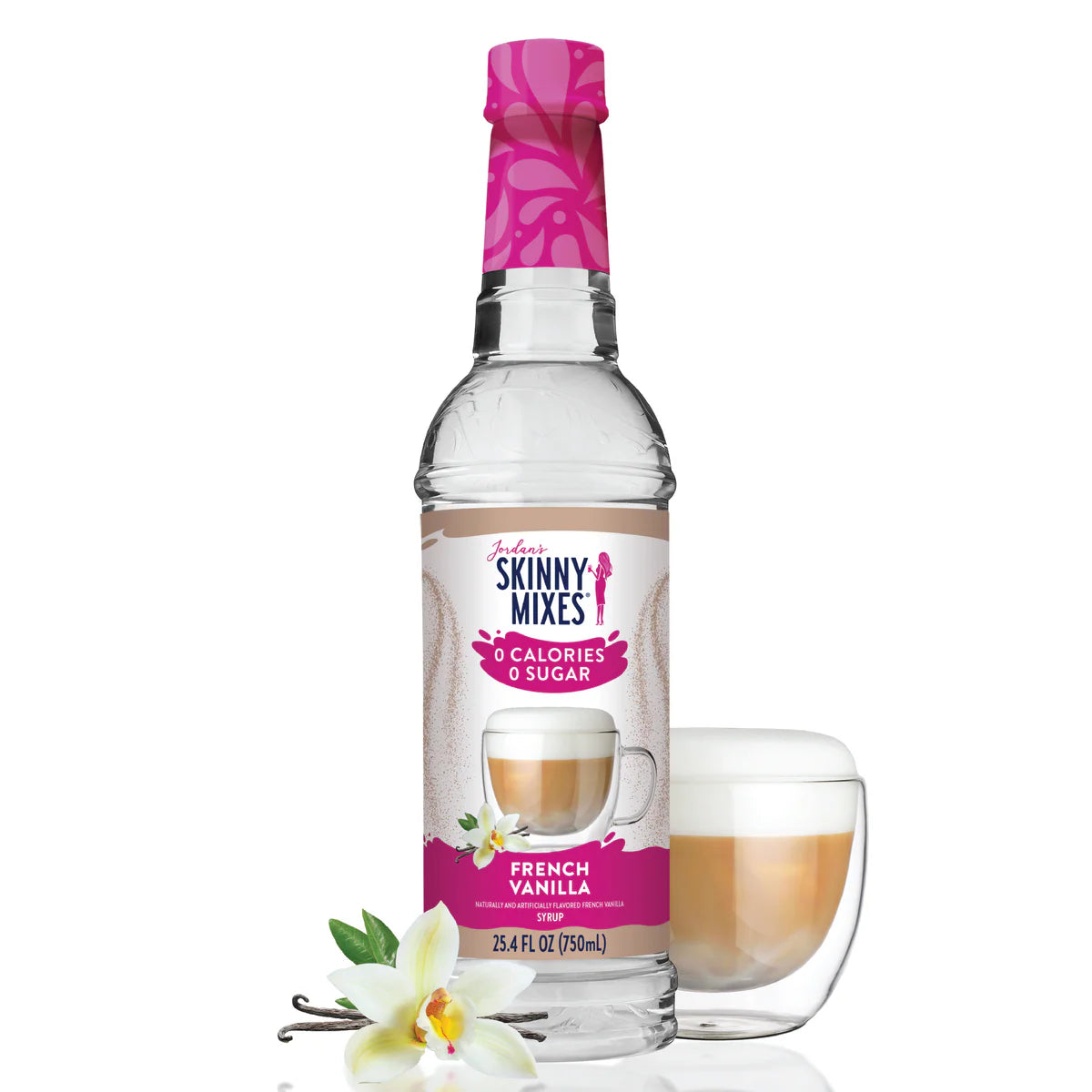 Skinny Mixes French Vanilla syrup bottle with a glass of coffee and vanilla flower on a white background