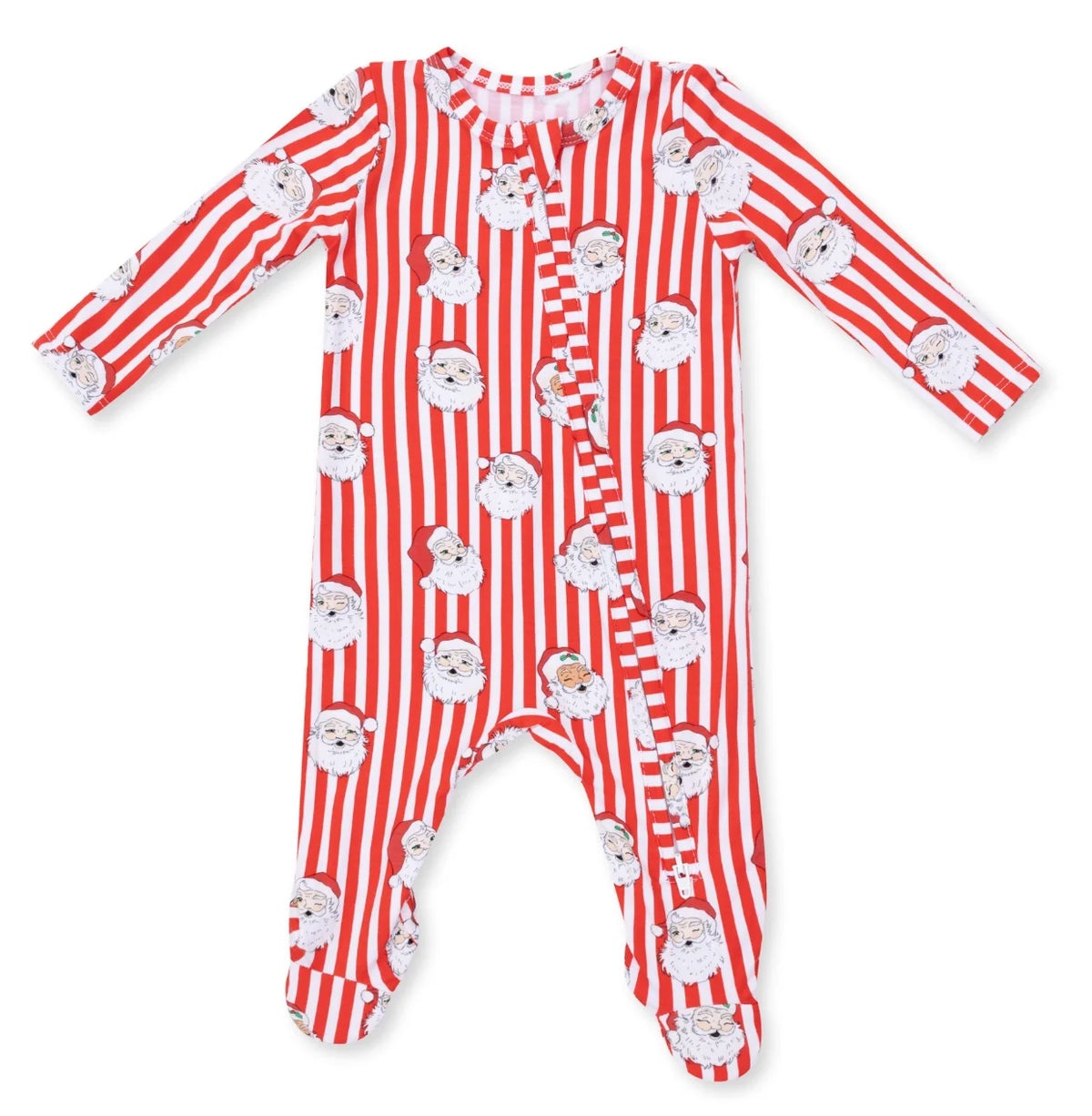 A baby footed sleeper with long sleeves and a snap closure, featuring a red and white vertical stripe pattern with white cartoon Santa faces printed all over, shown on a plain white background.