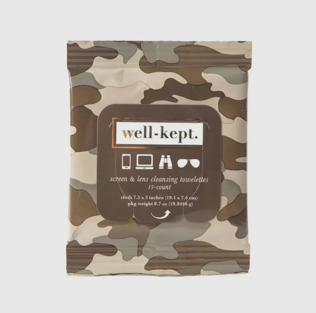 Camouflage packaging of well-kept screen and lens cleaning towelettes on a white background