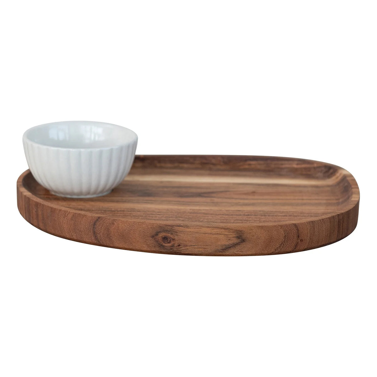 Wooden tray with a white bowl on a white background