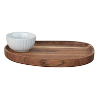 Wooden tray with a white bowl on a white background