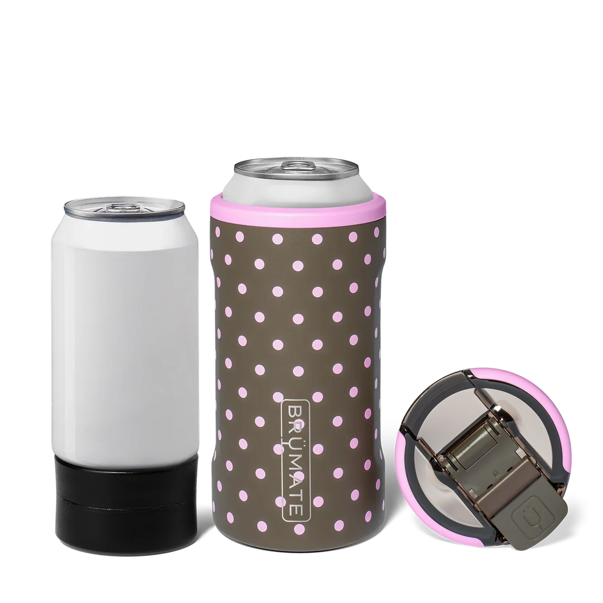 A can cooler set shown on a white background, including a silver can with a black base, a gray can in a brown sleeve with pink polka dots and a pink rim, and a separate matching lid with a flip-up can insert.