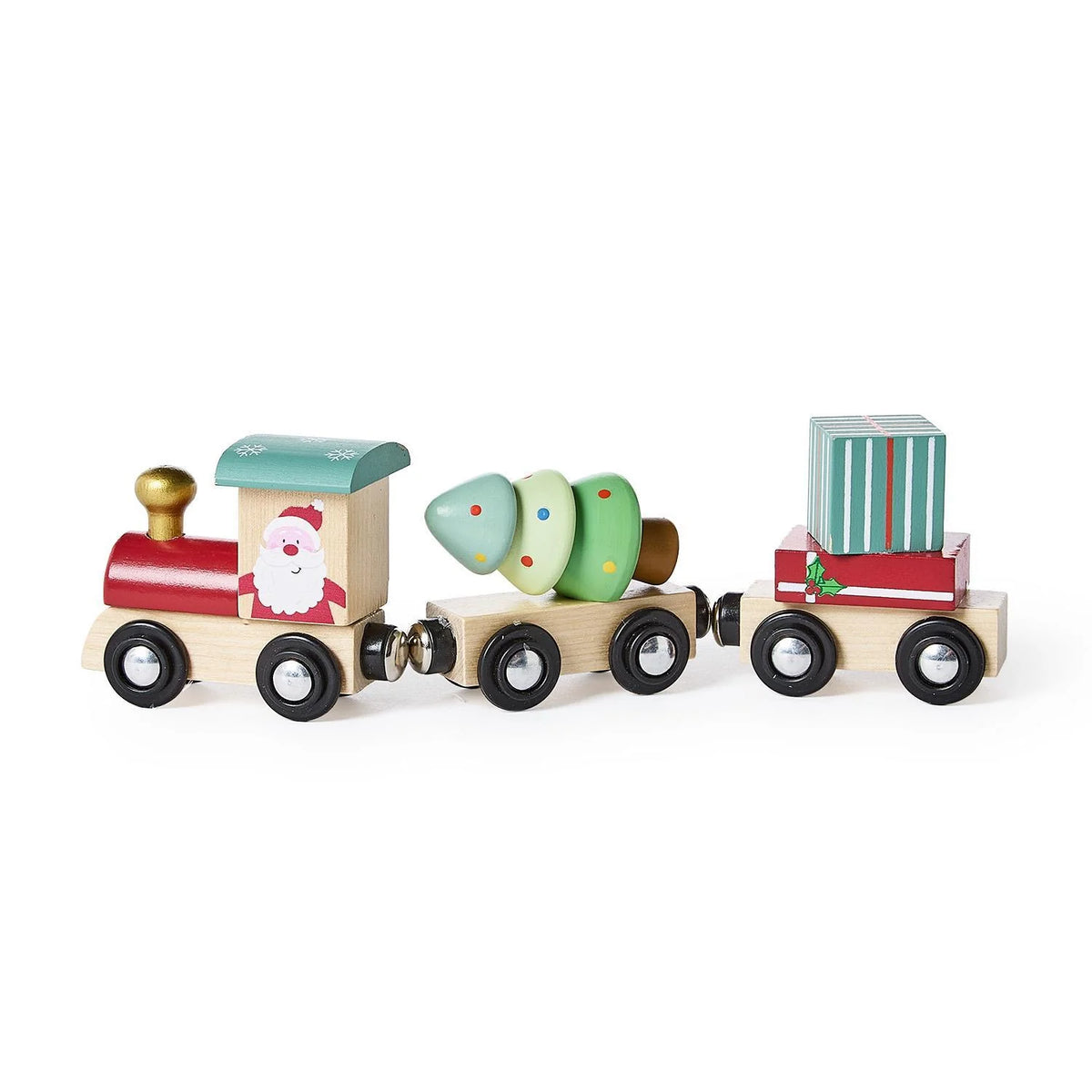 Wooden toy train with colorful cars on a white background