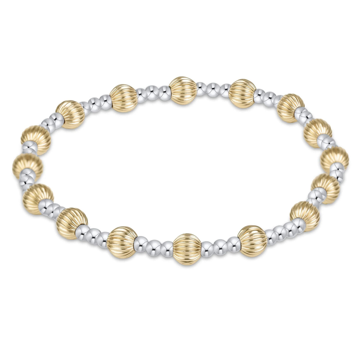A double-strand beaded stretch bracelet featuring alternating textured gold and polished silver beads, displayed on a clean white background.