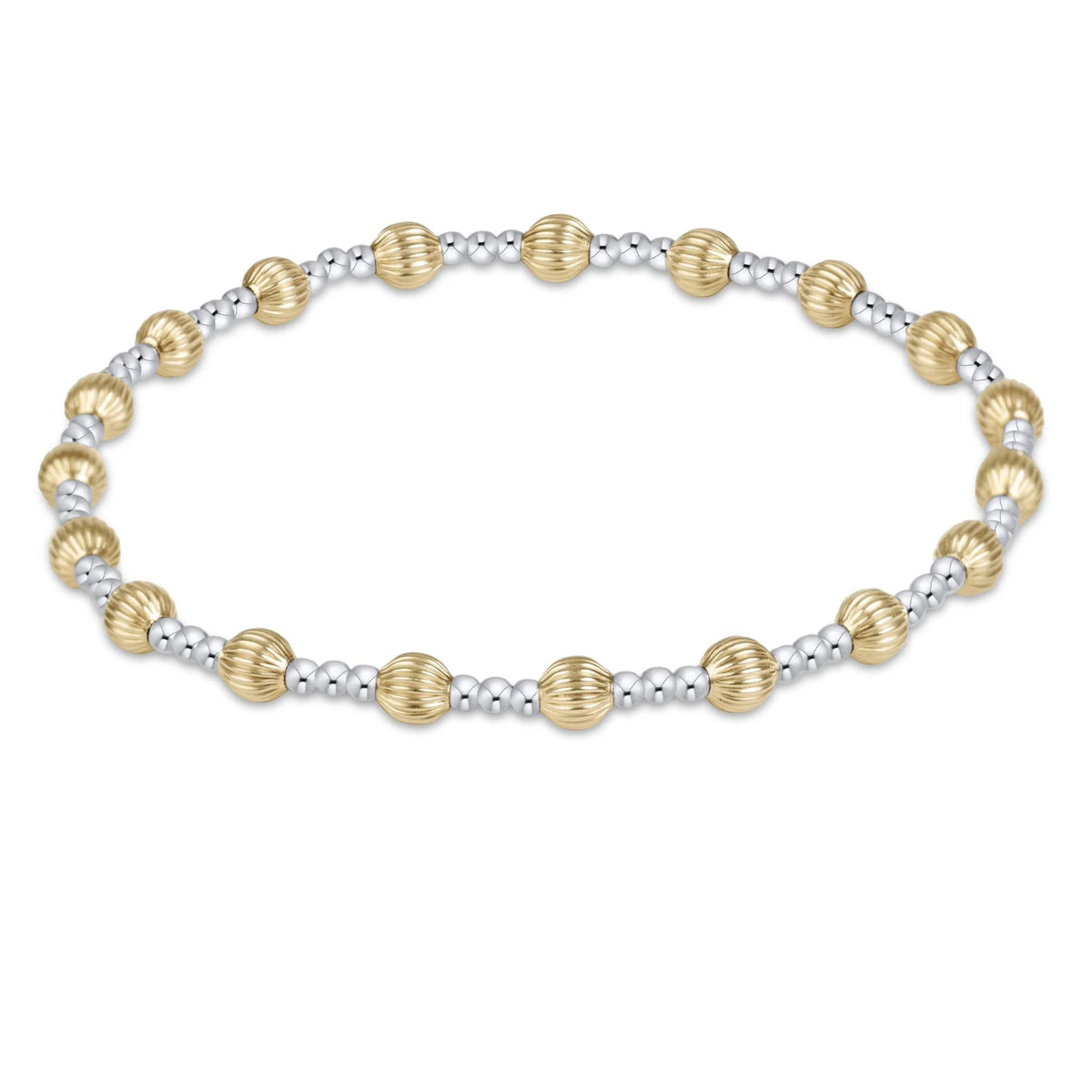 A two-tone beaded stretch bracelet featuring alternating textured gold and polished silver beads, displayed on a clean white background.