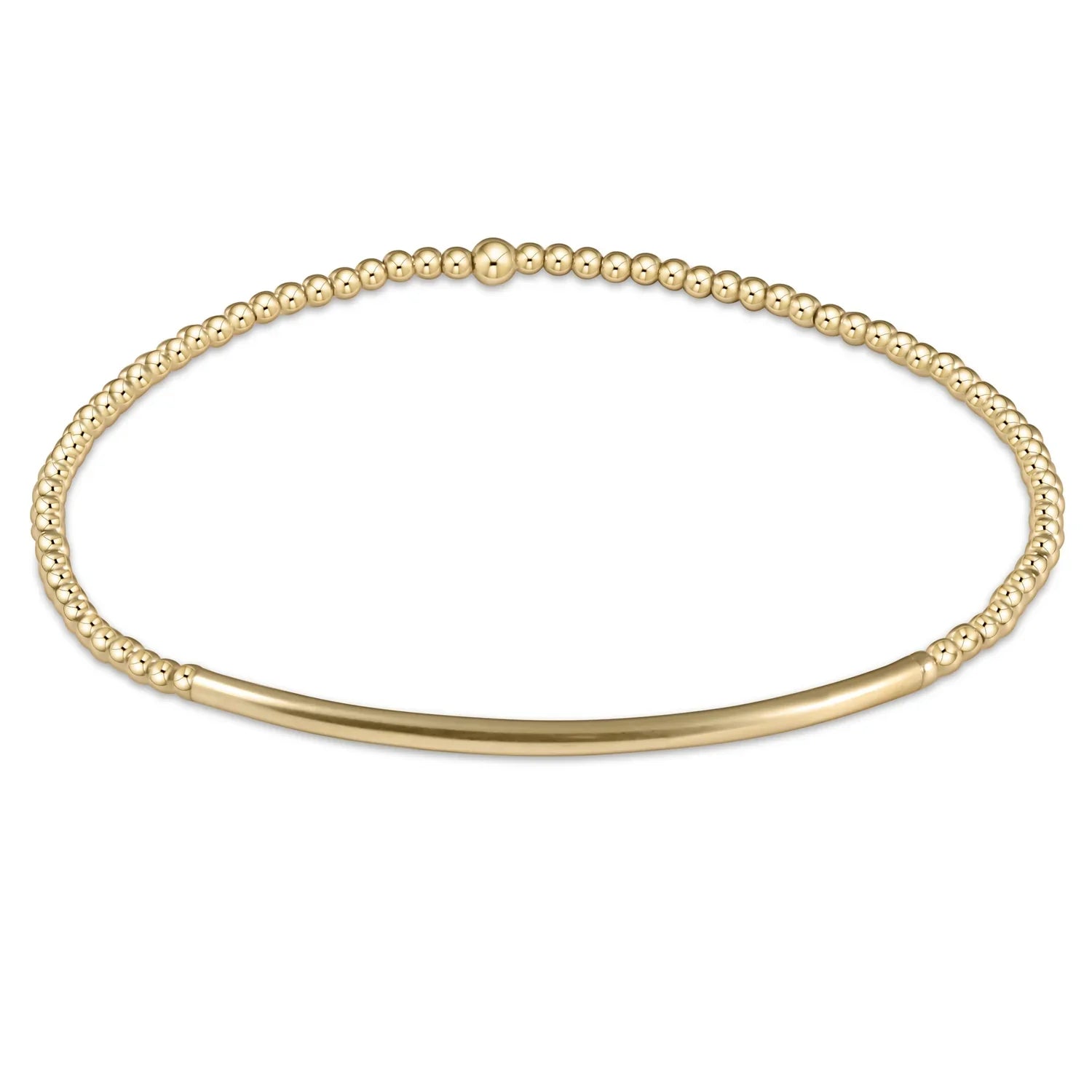 Gold beaded bracelet with gold bar accent.