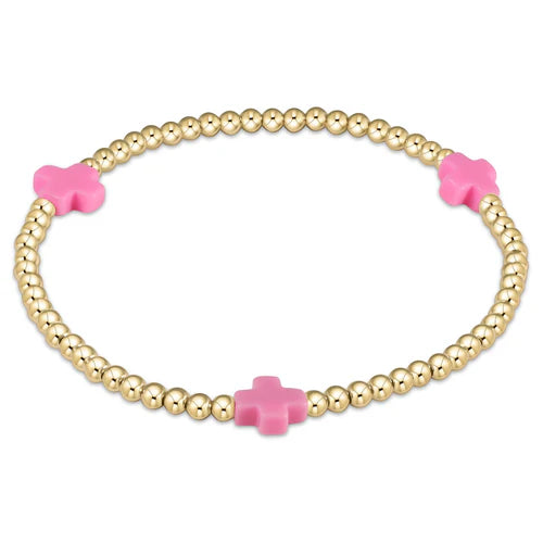 Signature Cross Gold 3mm Bead Bracelet- Bright Pink