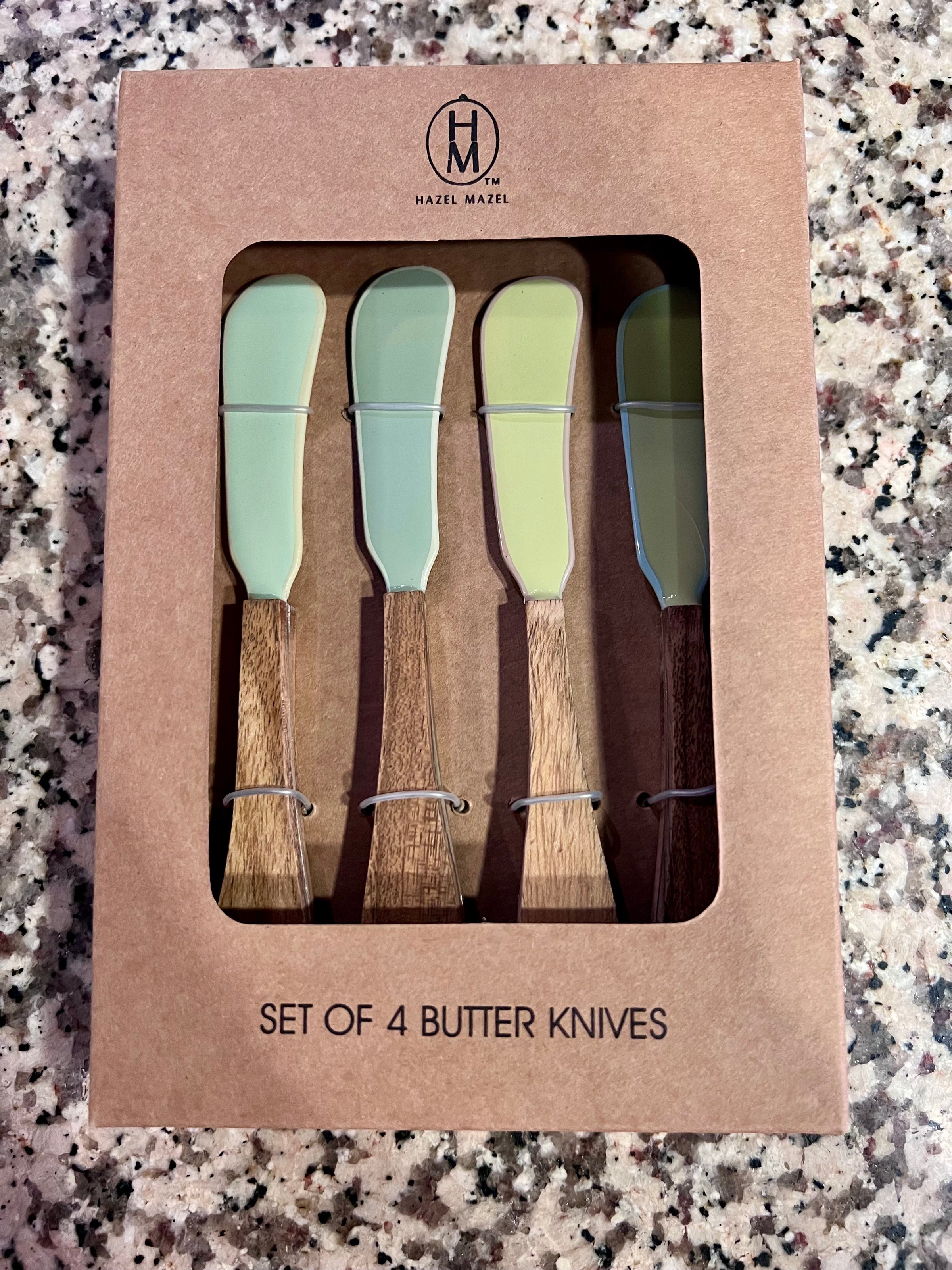 Set of 4 Enameled Stainless Steel Canape Knives With Wood Handles