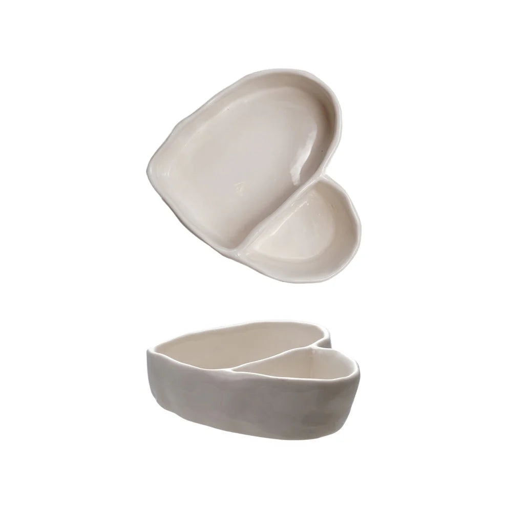 5-1/2"L Stoneware Heart Shaped Dish With 2 Sections- WHITE