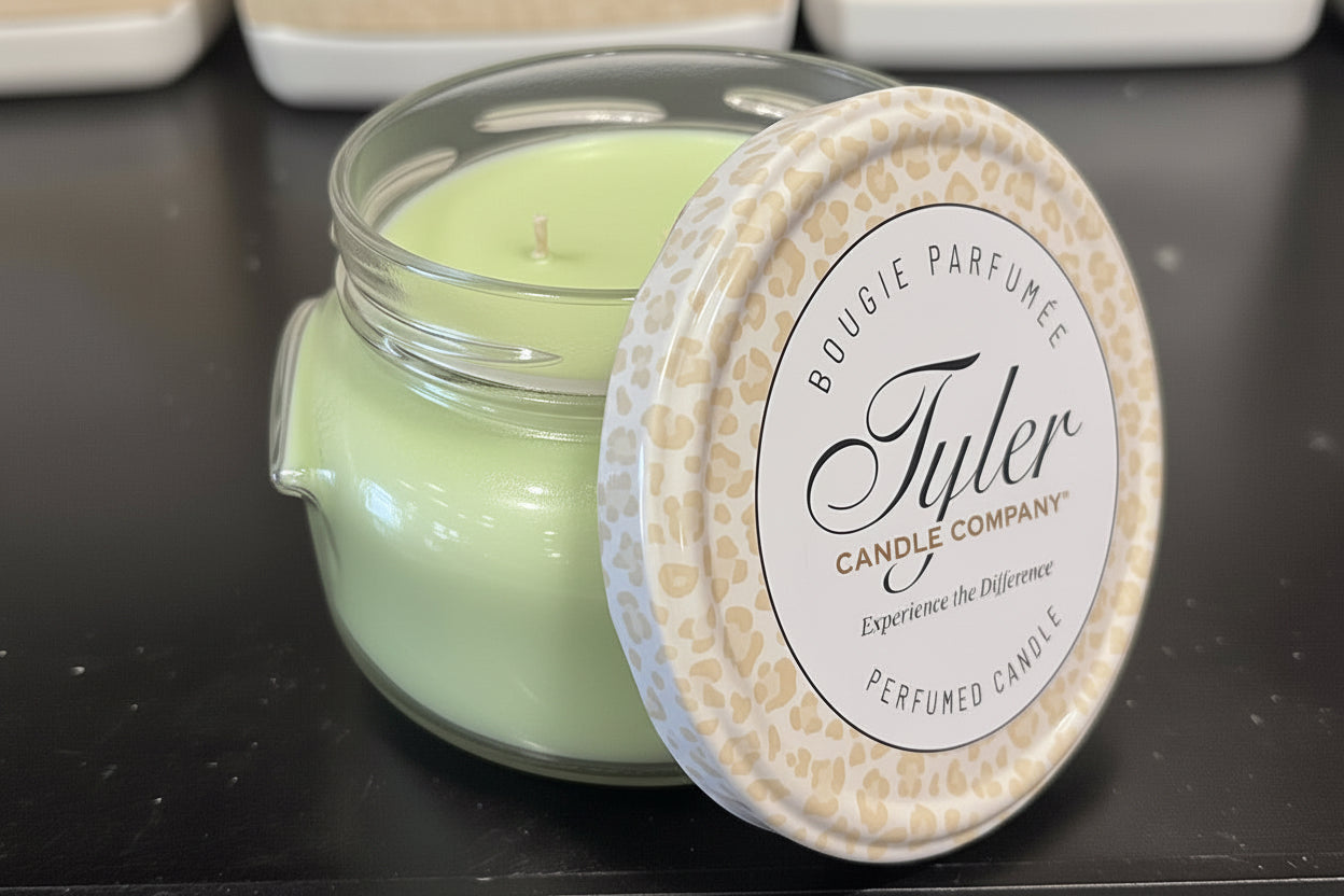 Tyler Candle Company candle with a decorative lid on a dark surface