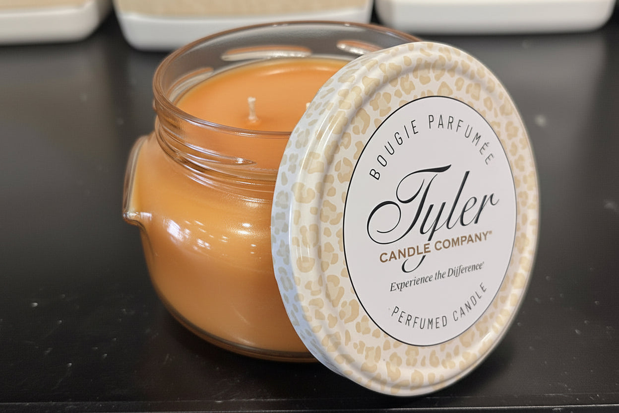 Tyler Candle Company candle with a decorative lid on a dark surface