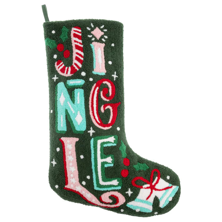 Christmas stocking with 'Jingle' text on a white background